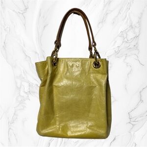 Maurizio Taiuti Leather Bag Lime Green pale yellow Brown Handles small tote